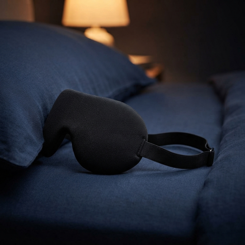 EliteSleep 3D Schlafmaske auf dunkelblauer Bettwäsche – erholsamer Schlaf